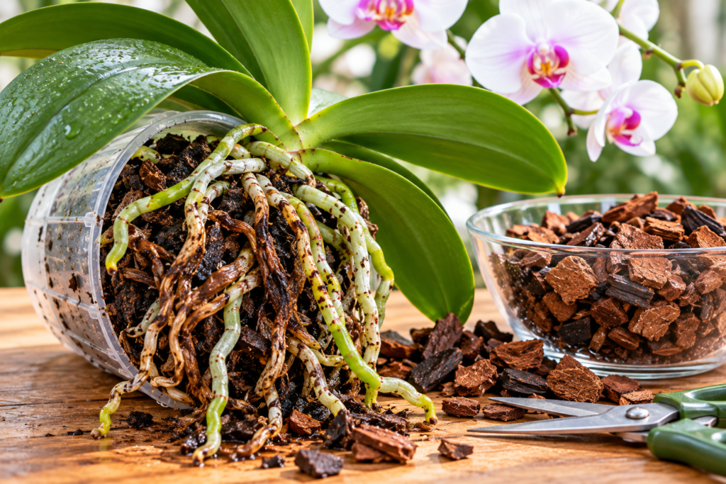 Phalaenopsis orchid in a clear pot showing damaged brown roots beside fresh orchid bark, illustrating how to identify and treat overwatering.