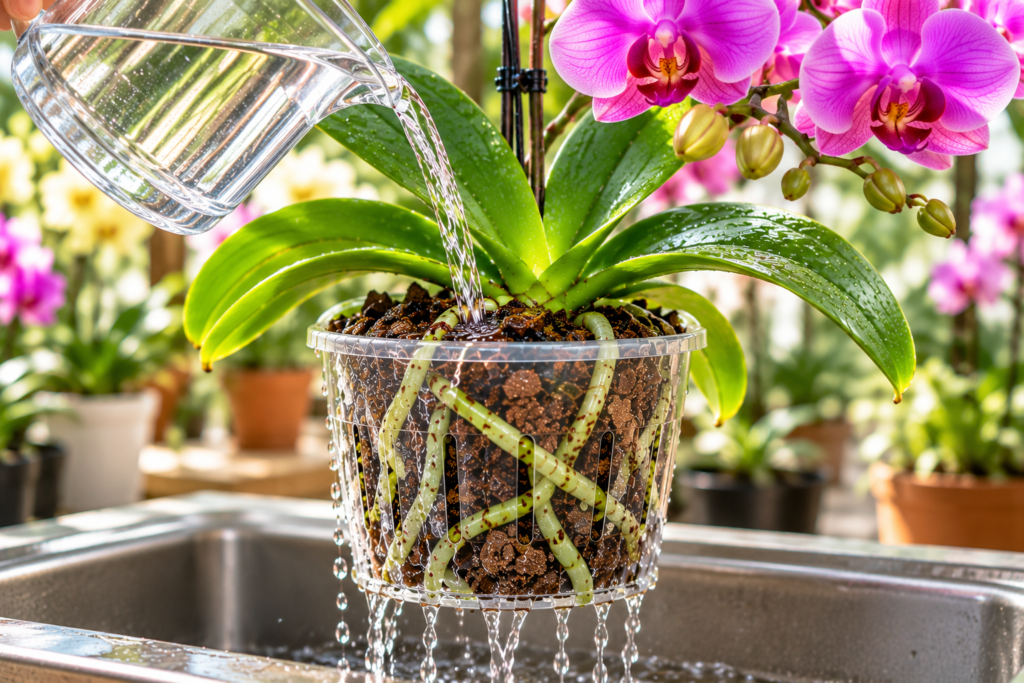 Phalaenopsis orchid being watered thoroughly over bark in a clear pot, with exposed roots and excess water draining into a saucer