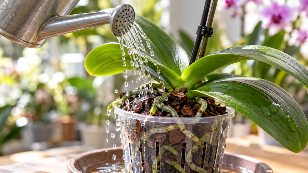 Watering a Phalaenopsis orchid in a clear pot filled with bark, with water flowing over the roots and draining through the pot