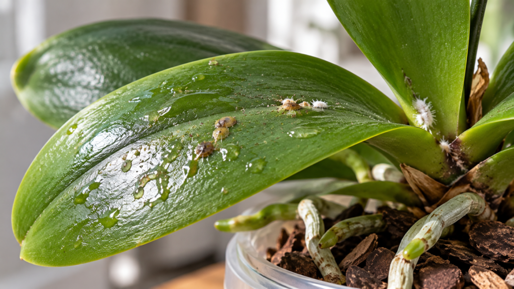 Close-up of glossy green Phalaenopsis orchid leaves with sticky residue, scale insects, and white mealybugs near the leaf base