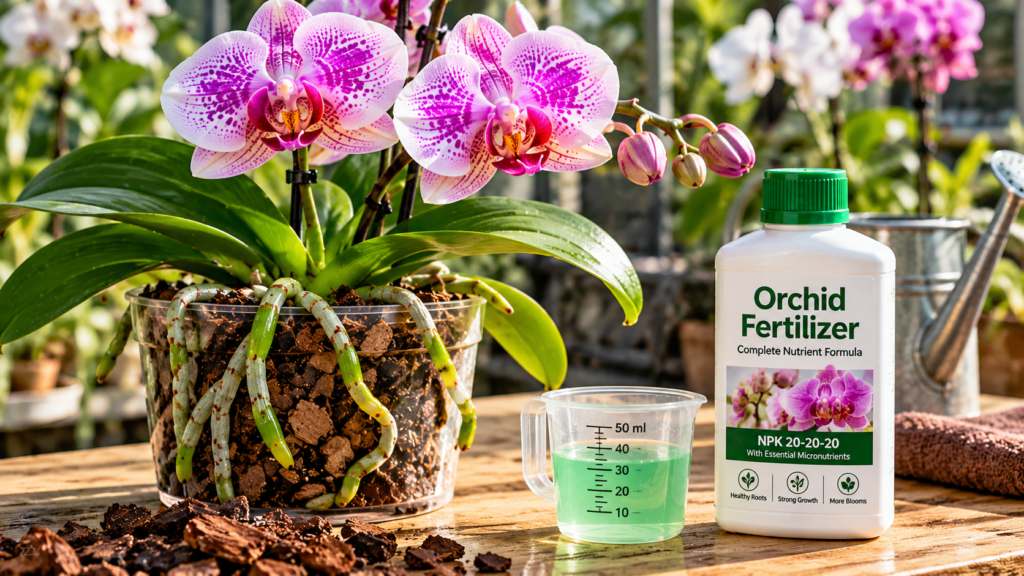 Complete orchid fertilizer beside a healthy flowering Phalaenopsis orchid in a bark-filled pot.