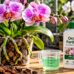 Complete orchid fertilizer beside a healthy flowering Phalaenopsis orchid in a bark-filled pot.