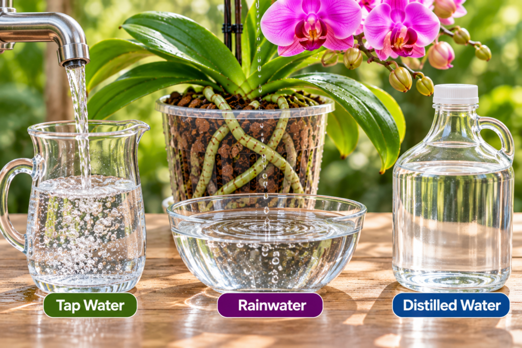 Phalaenopsis orchid in a clear pot with bark and healthy visible roots being watered