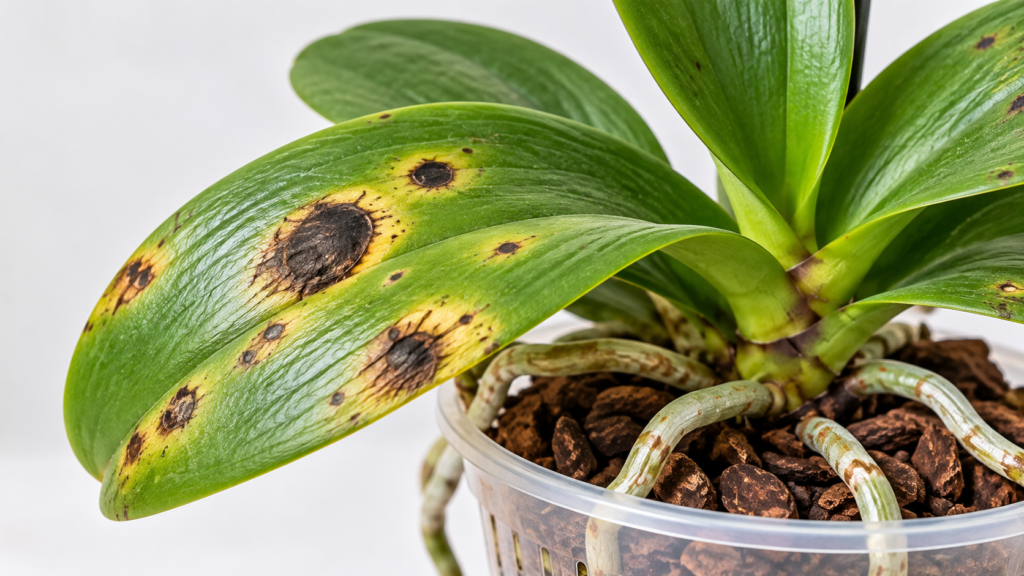 Learn what causes black spots on orchid leaves, how to distinguish sunburn from fungal or bacterial disease, and what to do to protect your orchid.