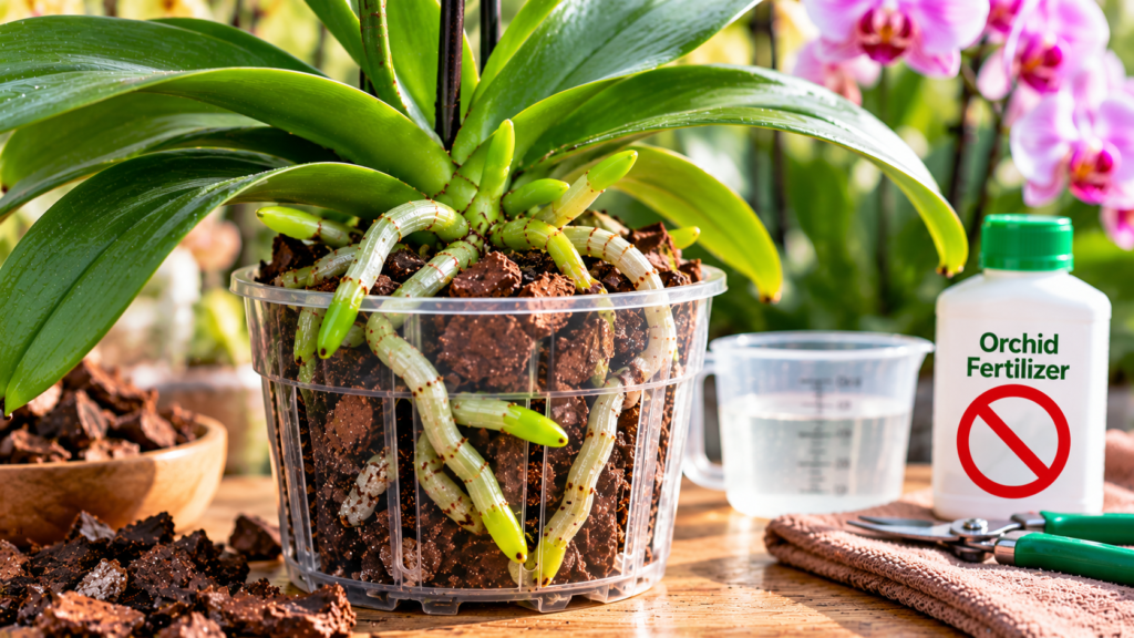 Newly repotted Phalaenopsis orchid in a clear pot with fresh bark, healthy exposed roots, and new green root tips.