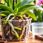 Newly repotted Phalaenopsis orchid in a clear pot with fresh bark, healthy exposed roots, and new green root tips.