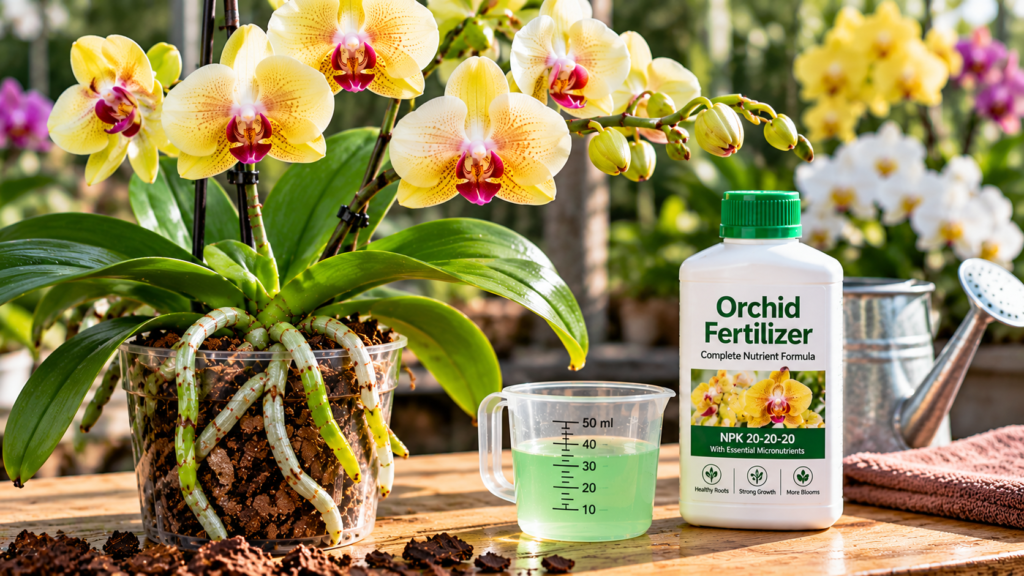 Blooming yellow and white orchid beside diluted orchid fertilizer and a watering container