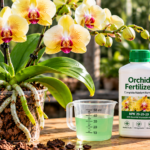 Blooming yellow and white orchid beside diluted orchid fertilizer and a watering container