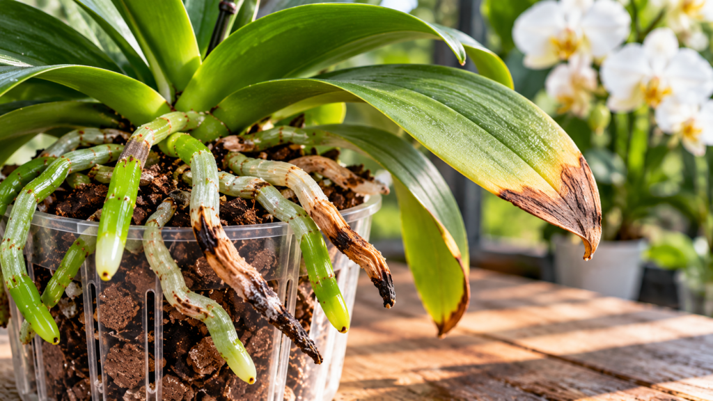 Orchid roots showing brown damaged tips and healthy green roots beside an orchid with brown leaf tips caused by possible fertilizer burn