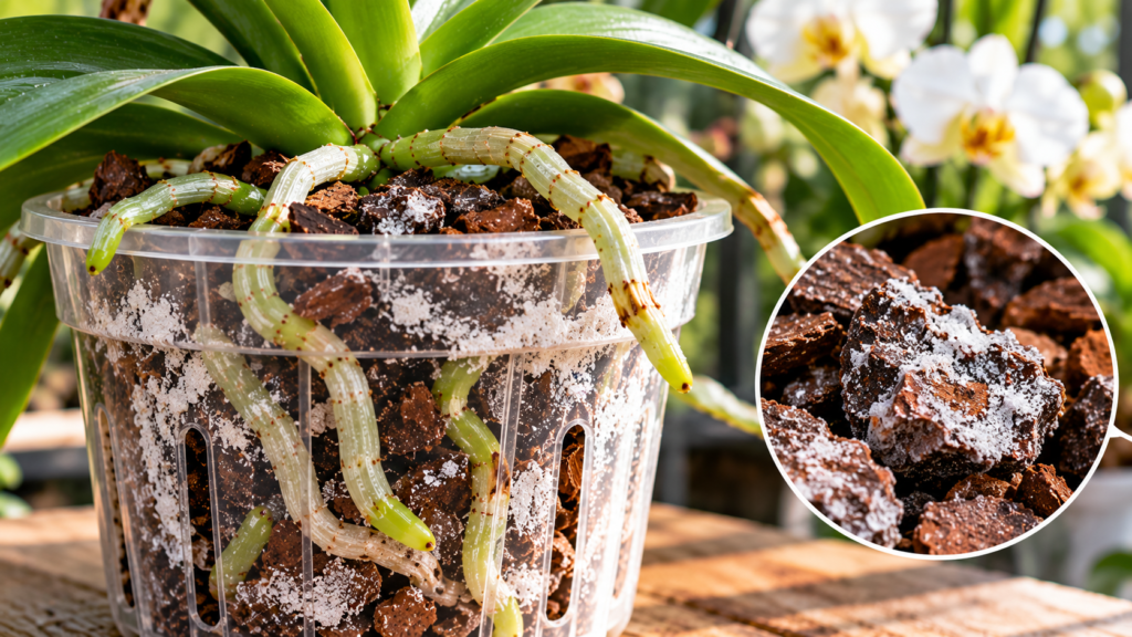 White fertilizer salt deposits on orchid bark and inside a transparent pot, with orchid roots visible.