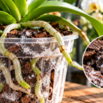 White fertilizer salt deposits on orchid bark and inside a transparent pot, with orchid roots visible.