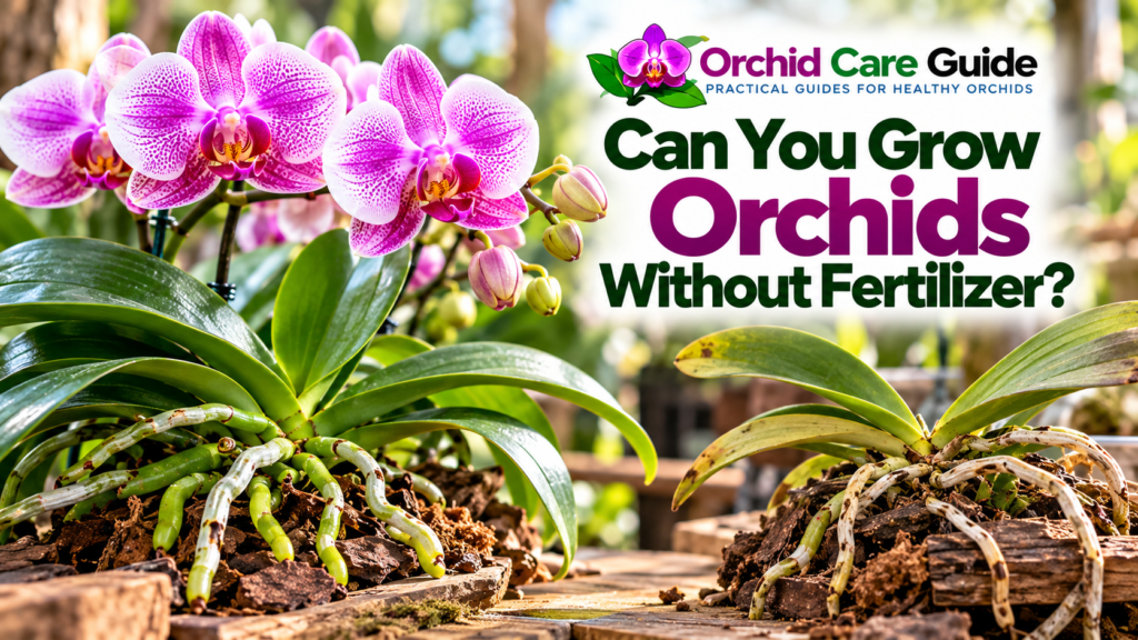 1. Healthy flowering Phalaenopsis orchid beside a less vigorous orchid, illustrating growth with and without supplemental fertilizer.