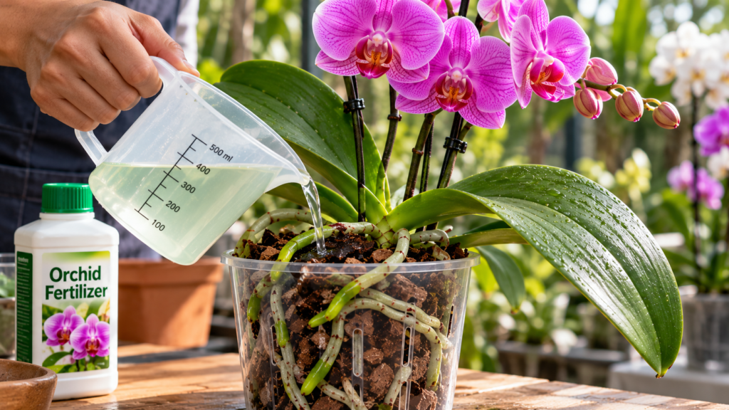 Gardener applying diluted fertilizer to a healthy Phalaenopsis orchid in a transparent pot