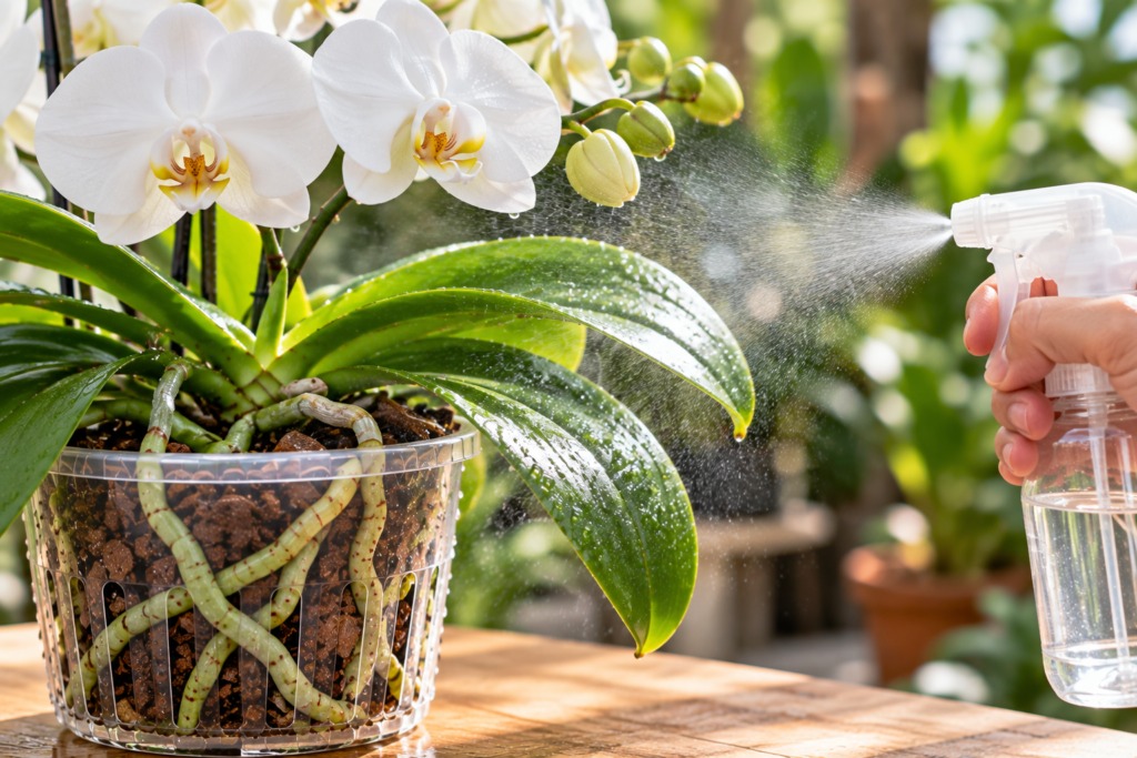 Phalaenopsis orchid with a fine mist on its leaves and exposed roots, illustrating the difference between misting and thorough watering