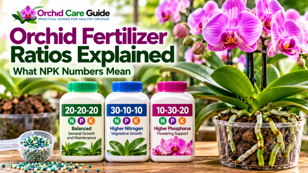 Three orchid fertilizer bottles labeled 20-20-20, 30-10-10, and 10-30-20 beside a healthy flowering orchid