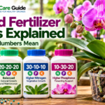 Three orchid fertilizer bottles labeled 20-20-20, 30-10-10, and 10-30-20 beside a healthy flowering orchid