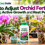 Phalaenopsis and Dendrobium orchids at different growth stages beside orchid fertilizer, illustrating feeding during active growth and rest periods.