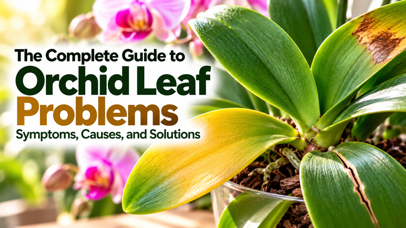 Phalaenopsis orchid with green, yellowing, and damaged leaves illustrating common orchid leaf problems