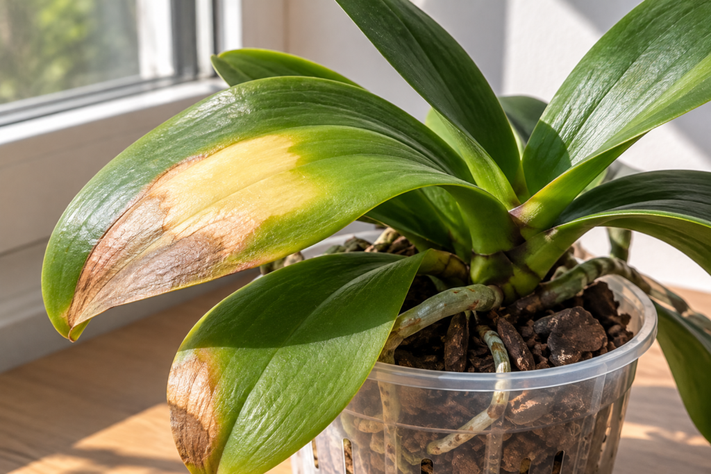Phalaenopsis orchid with yellow and brown sunburn damage on its leaves