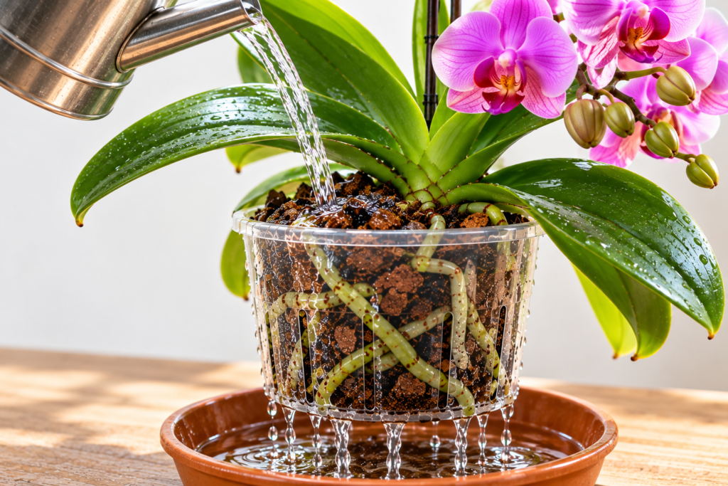 halaenopsis orchid being watered in a clear pot with drainage holes as excess water drains into a saucer, illustrating how overwatering can occur despite drainage