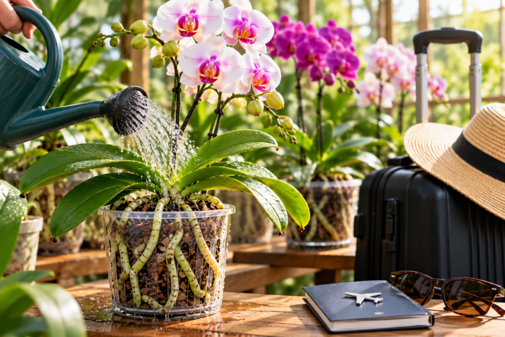 Phalaenopsis orchids in clear pots with visible roots being watered thoroughly in a bright growing area before a vacation.